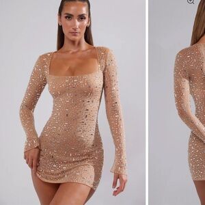 Sheer Embellished Long Sleeve A-Line Mini Dress in Almond